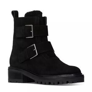 Paige Bridget Buckle Suede Shearling Lined Combat Boots Black Size 8.5